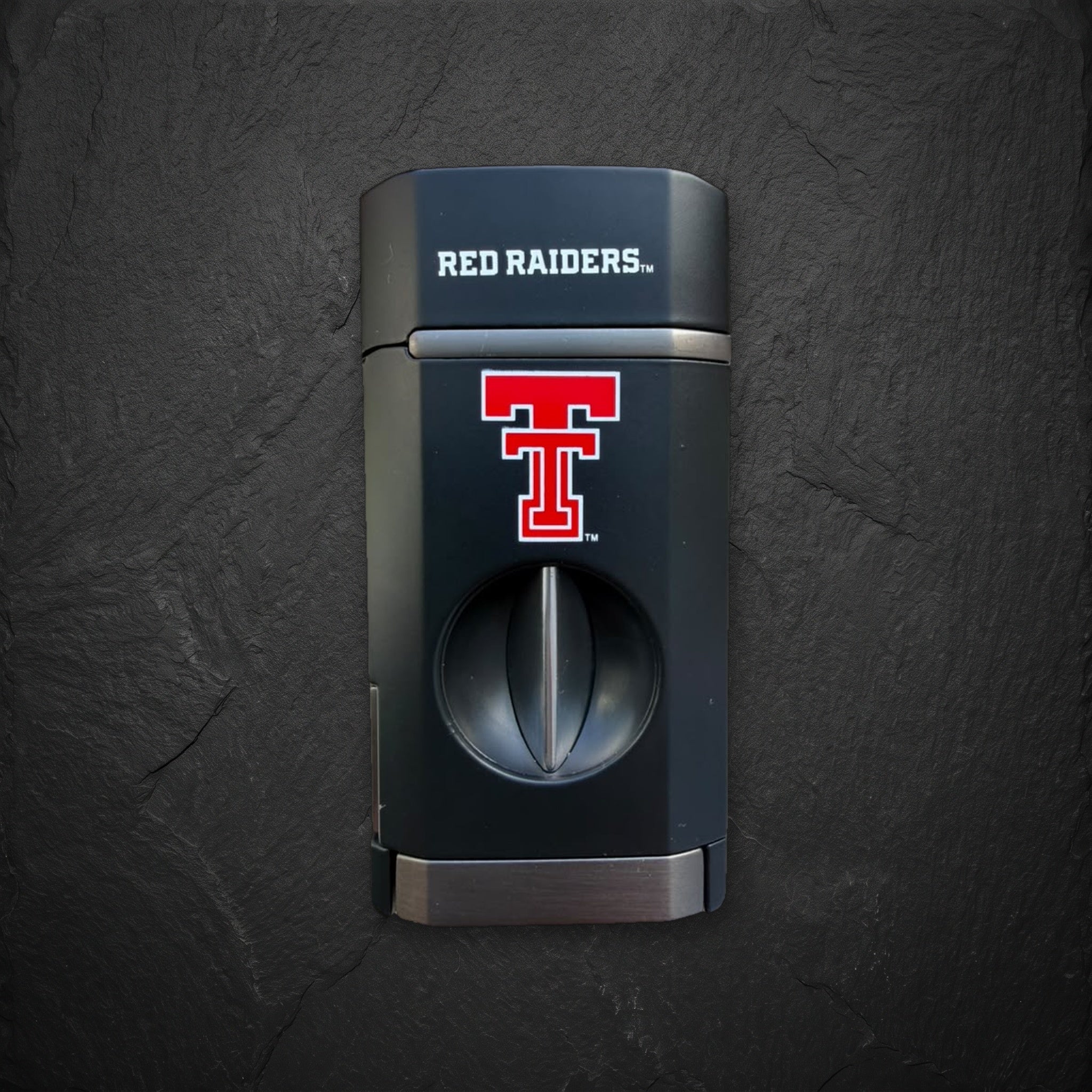 Texas Tech Red Raiders triple torch cigar lighter with spring V cutter, officially licensed collegiate, front