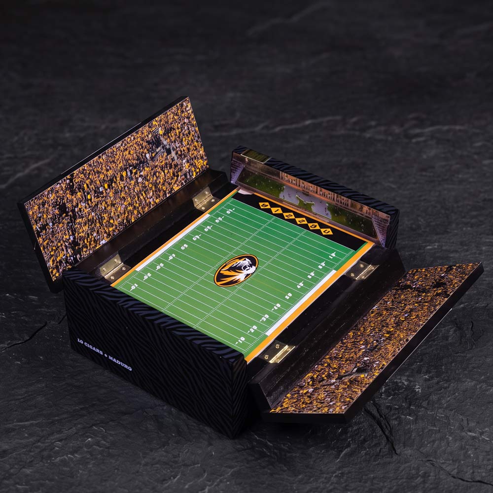 Mizzou Stadium Series Memorial Stadium 100 Year Celebration cigar box, open, hand painted Faurot Field and crowd panels, ten Honduran Maduro toros, by Bocock Brothers