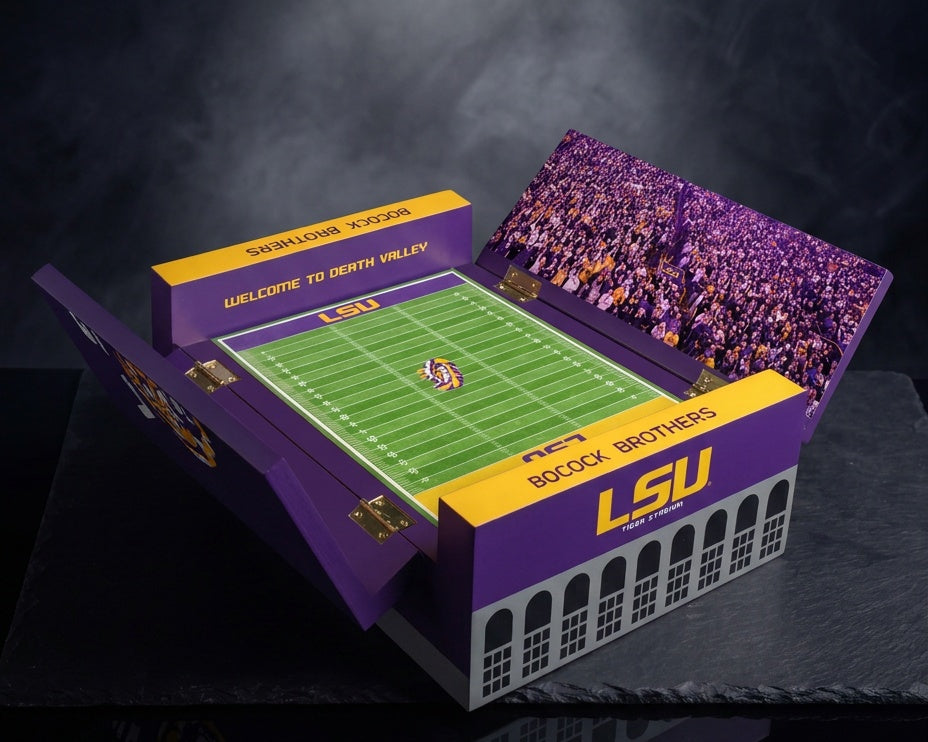 LSU Stadium Series x Coach O hand painted Tiger Stadium cigar box, open, by Bocock Brothers