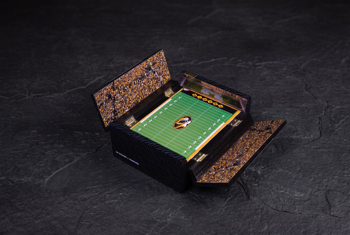 Mizzou Memorial Stadium 100 Year Celebration hand painted cigar box, open on Faurot Field, by Bocock Brothers